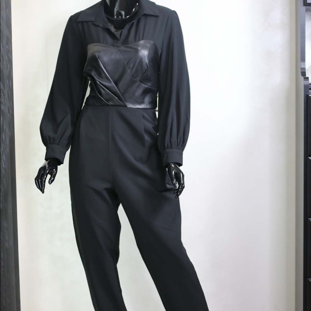 Black Faux-Leather Corset Jumpsuit